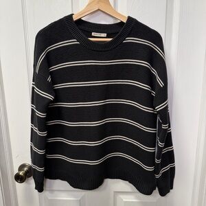Marine Layer Black & White Striped Boxy Knit Pullover Sweater, Medium, Cotton